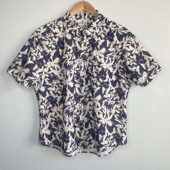 Split Mens Size XL Slim Fit Blue Tropical Button Up Shirt Short Sleeve Hawaiian - Picture 1 of 8
